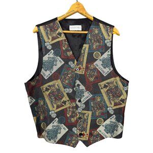 Vintage 90s Casino Print Vest Playing Cards Dice apestry Waistcoat Vegas